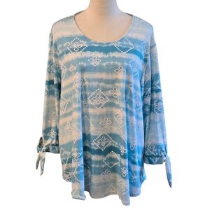 Ruby Rd. Women’s 2X Teal Blue White Tie-Dye Print Top 3/4 Sleeve Self-Tie Cuffs